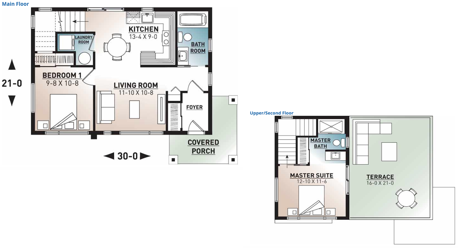 Small Homes house plans: Small house plan main and upper floor layouts with a covered porch, master suite, and terrace | Monster House Plans